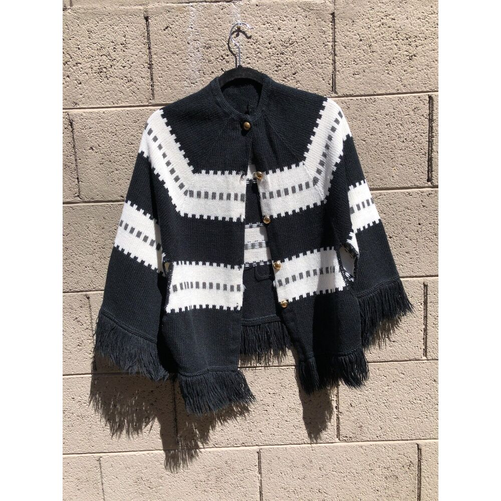 Vintage 70s MCM Sturbridge Style Block Geometric Knit Fringe Cape Poncho Sz M/L